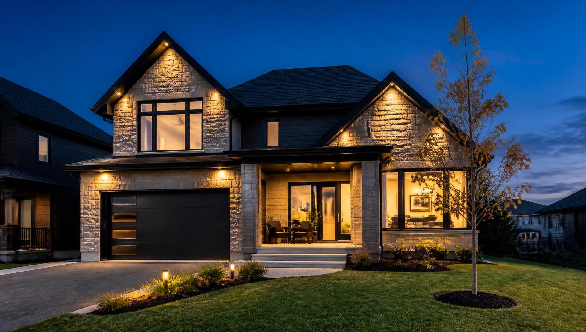 Modern Ontario home exterior in Kingston at dusk